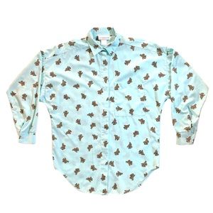 VTG Rosebud II aqua teddy bear button up shirt